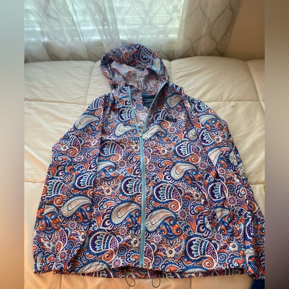 Simply Southern Size XL Paisley Rain Jacket Waterproof Fall Orange Blue Hooded - Picture 2 of 7